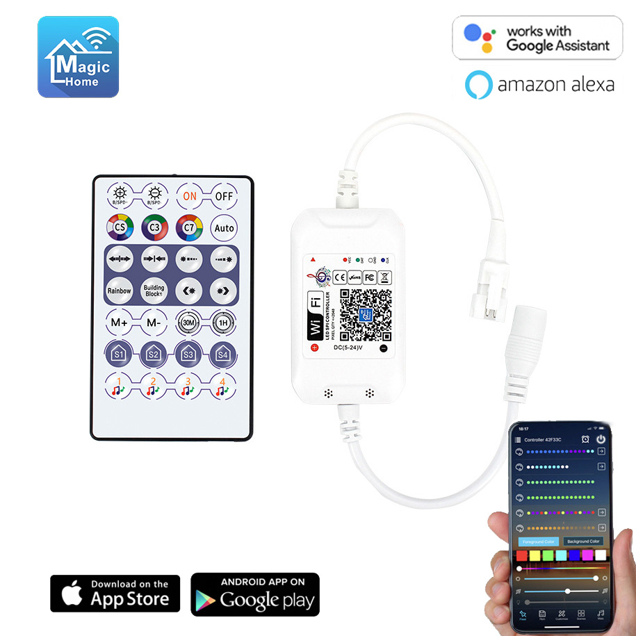 DC5-24V WiFi SPI Music Single Channel 2048 Pixels Magic Home Pro RGB/RGBW 28Keys RF LED Controller Compatible With Alexa and Google Assistant